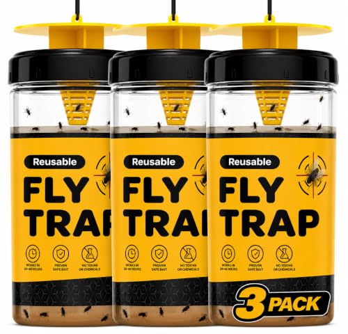 Outdoor Fly Trap [Set of 3] Fly Traps with Dissolvable Non-Toxic Bait - Fly Repellent for Outdoor Use Only - Controls Flies for Patios, Barns, Ranches Etc. Hanging Fly Traps with Tie Included - style: 3 Traps
