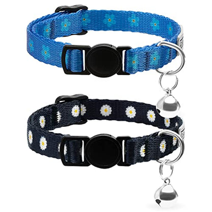 Floral Cat Collar 2-Pack, Breakaway with Bell - color: Black & Blue