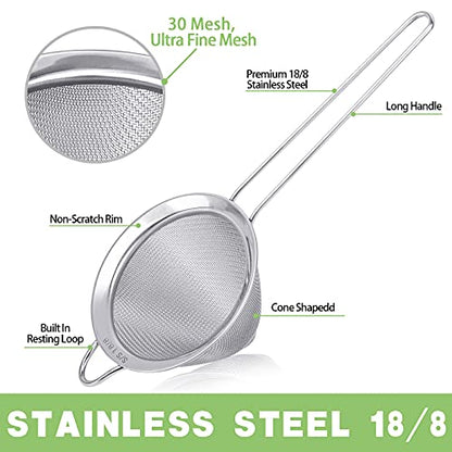 2 Pack Stainless Steel 18/8 Small Food Strainer, Fine Mesh Sieve with Long Handle, Cocktail Strainer For Cocktails, Tea Herbs, Coffee & Drinks, Rust Proof & Great as Tea Strainer, 3.5inch