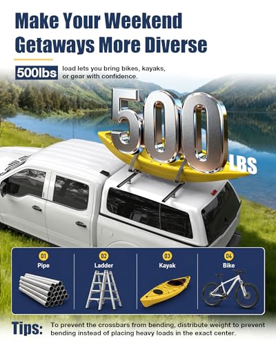 Mountainpeak 500LB Capacity Pickup Truck Topper Ladder Rack Camper Shell Roof Rack for Van Trailer Truck Cap Rack - 60" Crossbar Aluminum Black