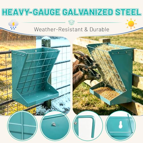 2 in 1 Wall Mount Hay and Grain Feeder, 25 Gallons Livestock Feeder | Galvanized Steel Wall Hay Rack, Hanging Hay Feeder with Mounting Kit for Goats Sheep Horse, Slow Feeder for Goats with Trough