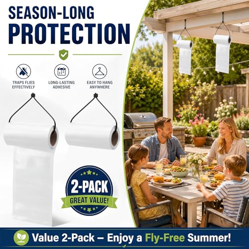 2 Roll Sticky Fly Tape 30 ft X 4 in, Hanging White Paper Traps