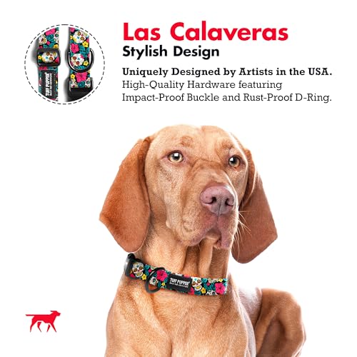 Tuff Pupper Premium Adjustable Dog Collar for Small Boy & Girl Dogs, Stylish Pattern Collars Designed in USA, Quick Release Buckle, DayoftheDead Print, Small (0.7 Inch Wide x 8-12 Inch Neck) - color: Las Calaveras, size: Small