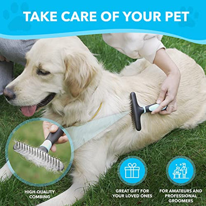 DOGI Deshedding Brush - Undercoat Rake for Dogs, Cats, Matted, Short, Long Hair Coats - Double Row Stainless Steel Pins - Reduce Shedding by 90% (Blue) - color: Blue