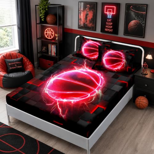 HOSIMA Kids Basketball Fitted Sheet Queen,1 Fitted Sheet+2 Pillowcases. - color: Black-e, size: Queen 61"*81"