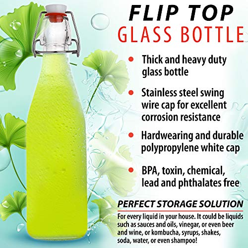 AYL Flip Top Glass Bottle [16 fl. oz./Pack of 6]– Swing Top Brewing Bottle with Stopper for Beverages, Oil, Vinegar, Kombucha, Beer, Water, Soda, Kefir – Airtight Lid & Leak Proof Cap – Clear - size: 16