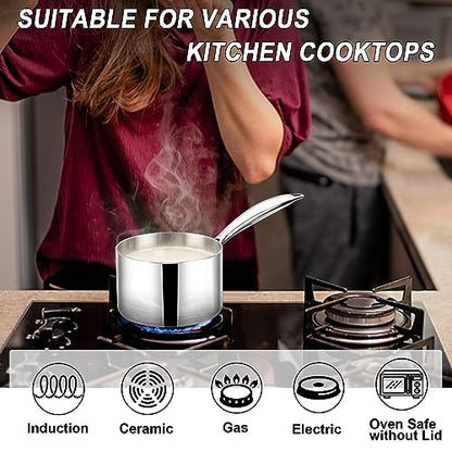 TeamFar 1qt Saucepan with Lid, Stainless Steel Tri-Ply Sauce Milk Pan - size: 1QT