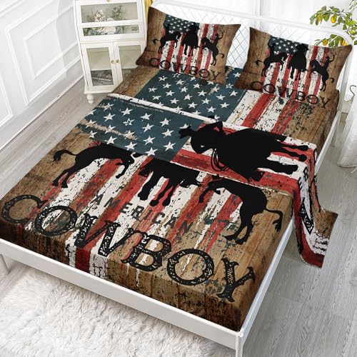 Kids Sheets Set 4Pcs, Queen Size - Cowboys Printed Sheet Set with 1 Flat Sheet, 1 Fitted Sheet + 2 Pillowcases - color: Cowboys, size: Queen 91x102 inches
