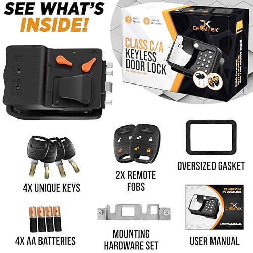 TripDefender V2.0 | RV Keyless Entry Lock for Class C/A Motorhomes | Secure RV Door Lock Keyless Entry w/ 2 Inside Latches | Class C Door Lock Replacement w/ 2 Fobs, 4 Keys | Fit 3.5" x 4.5" Lock Hole