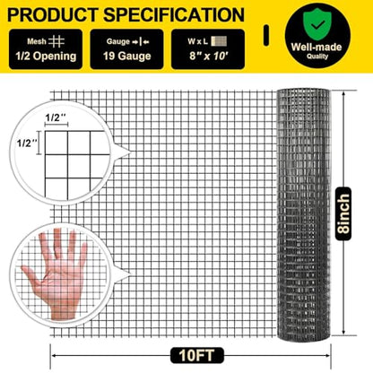 Black Hardware Cloth 8'' x 10' PVC Steel Vinyl Coated 1/2 inch Galvanized Wire Mesh Roll (19 GA) Chicken Wire Fence Roll, for coop Fences,Screen mesh, Rabbit/Snake Fences, Poultry enclosures, etc. - color: 19(GA)-1/2inch, size: 8In x 10Ft