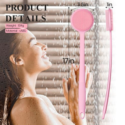 Silicone Back Scrubber for Shower, 17in Lengthen Long Handle Body Brush, Double Sided Shower Brush for Shower Exfoliating and Massage Can Produce Rich Foam, Long Handle Back Scrubber for Men - color: Pink
