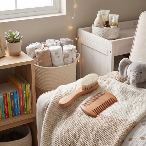 Baby Hair Brush Set, Natural Goat Hair Bristles Gentle on Scalp, Double Sided Comb, Newborn Scalp Massage Tool, Soft and Non-Irritating for Sensitive Skin, for Newborns Toddlers Ba