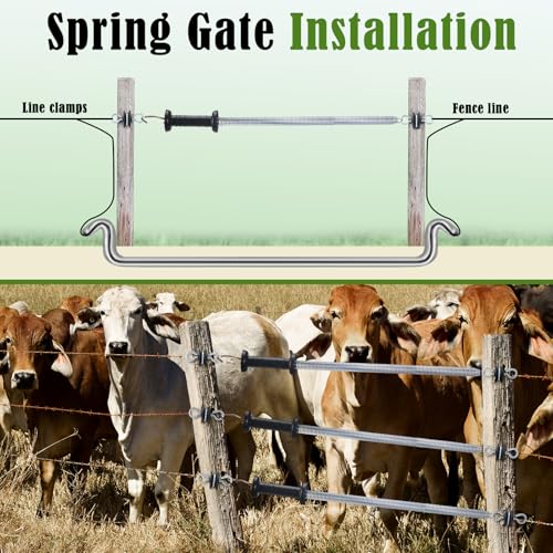 Hicarer 8 Set Electric Fence Gate Kit with Spring Handles & Screw-in Ring Insulators, 16ft Retractable Tension Spring for Farm, Ranch, Garden, Heavy Duty Black Electric Fencing Accessories for Safety