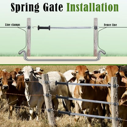 Hicarer 4 Set Electric Fence Gate Kit with Spring Handles & Screw-in Ring Insulators, 16ft Retractable Tension Spring for Farm, Ranch, Garden, Heavy Duty Black Electric Fencing Accessories for Safety