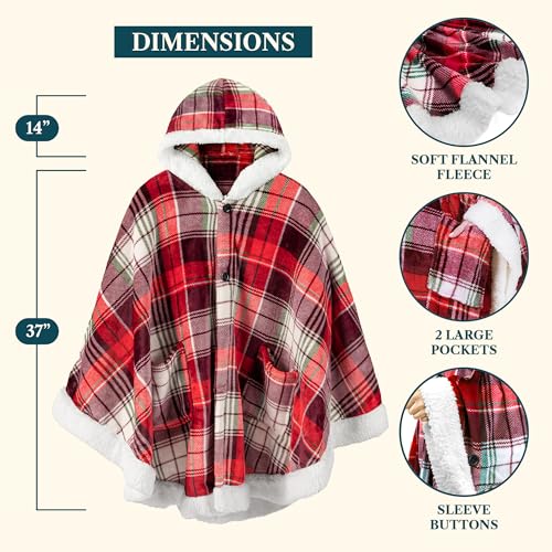 PAVILIA Hooded Blanket Poncho Fleece Wearable Shawl Wrap Throw Tartan Plaid | Fleece Shawl Wrap with Hood, Adult Wearable Blanket, Cozy Warm Poncho Cape Throw with Pockets, Gift for Elderly Mom - color: Tartan Plaid