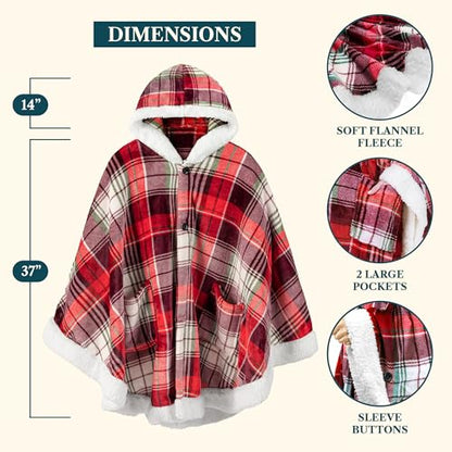 PAVILIA Hooded Blanket Poncho Fleece Wearable Shawl Wrap Throw Tartan Plaid | Fleece Shawl Wrap with Hood, Adult Wearable Blanket, Cozy Warm Poncho Cape Throw with Pockets, Gift for Elderly Mom - color: Tartan Plaid