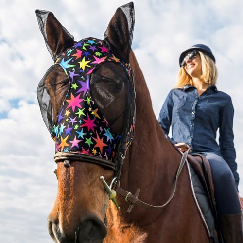 Weewooday 2 Pieces Horse Fly Masks for Horses Soft Fly Masks for Ears Smooth and Elasticity Mask with UV Protection(Star,M) - size: M