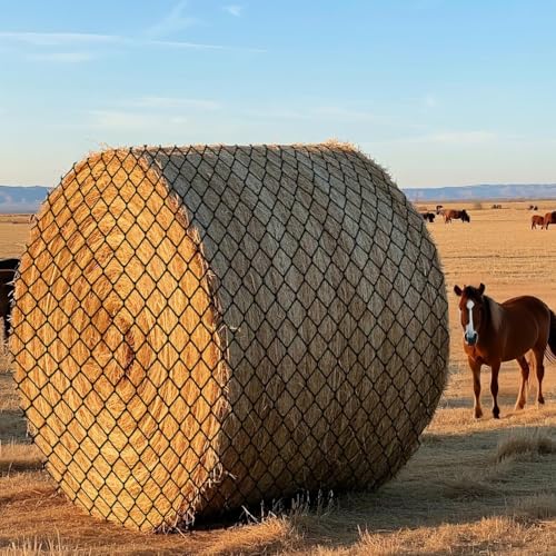 6x6ft Round Bale Hay Net for Horses, Heavy Duty Slow Feed Hay Net with 1.6" Mesh, Black Nylon Hay Feeder for Horses, Cattle, Goats, Includes Free Repair Kit, Reduce Waste - size: 6x6FT