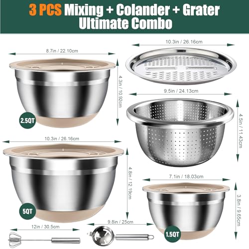 Stainless Steel Mixing Bowls Set with Lids & Silicone Base,7‑Piece Set - color: Khaki