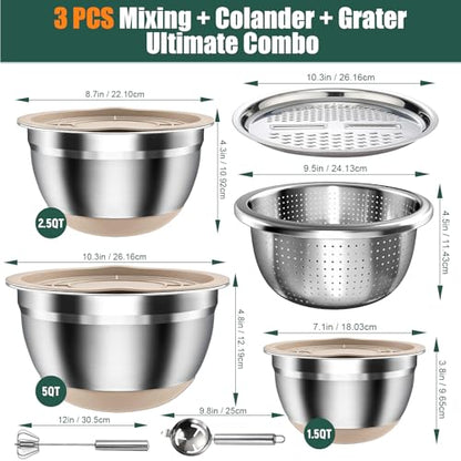 Stainless Steel Mixing Bowls Set with Lids & Silicone Base,7‑Piece Set - color: Khaki