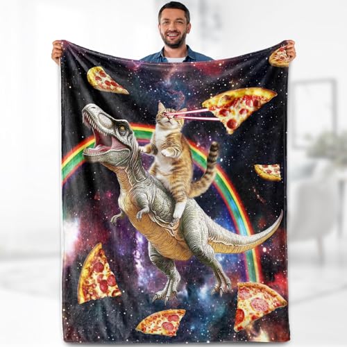 Aimego Funny Cat Blanket Gifts for Men Women Kids Cool Cat Riding Dinosaur on Fantasy Galaxy Cozy Travel Bed Couch Plush Boys Girls Birthday Christmas Lightweight Blanket 60"x80" - color: Funny Cat, size: 60"x80"