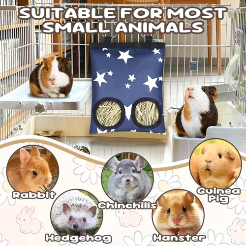 2 Pack Rabbits Hay Feeder Bag, 2 Holes Hanging Bunny Hay Feeder Guinea Pig Feeding Bag Storage Dispenser for Bunny Rabbits Chinchillas Hamsters Small Pets and Animals - color: Blue