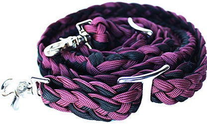 CHALLENGER Roping Knotted Horse Tack Western Barrel Reins Rein Nylon Braided 8 Ft. Black WH 60703 - color: Burgundy Black