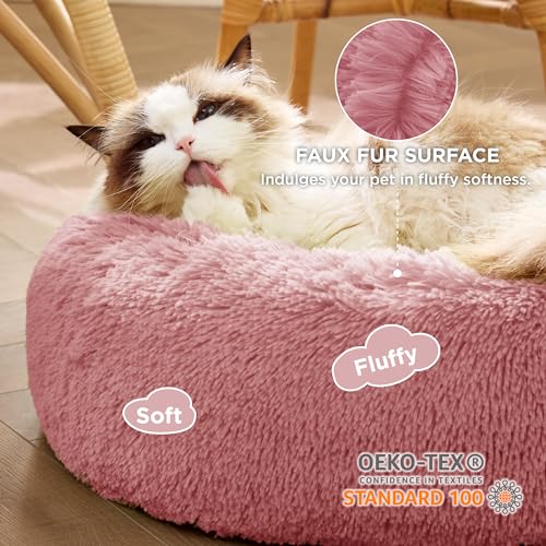 Bedsure Calming Cat Beds Donut Round Washable Kitten Bed,20 inches | Fluffy Faux Fur Cuddler,Anti-Slip Bottom,Anti-Anxiety,Deep Sleeping for Cats&Small Pets Up to 15 Lbs,Mauve Blush - color: Mauve Blush, size: 20"L x 20"W x 6"Th