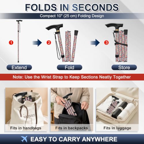 supregear Folding Cane, 5-Level Adjustable Height Walking Stick Lightweight Collapsible Portable Travel Cane with Wrist Strap and T Handle for Elderly Disabled Men Women - color: White Dense Blossoms