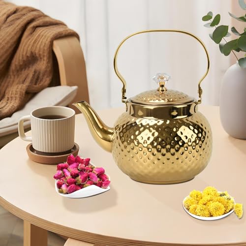 2L Hammered Tea Kettle Stovetop, Gold Tea Pot with Straine for Stove - color: Gold-2L