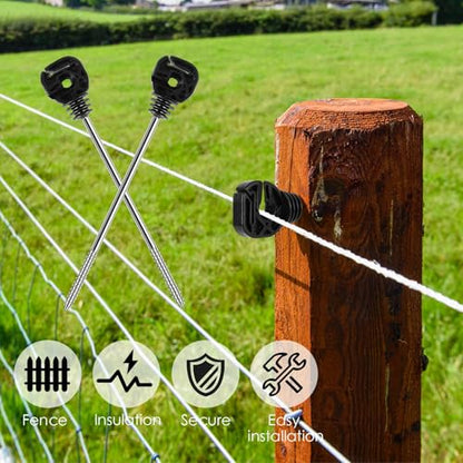 25 Pcs Electric Fence Insulators Fencing Post Screw-in Ring Set 8.9 Inch Long Arm Meadow Farm Electric Fence Wood Post Black for Electric Fence of Farm (25)