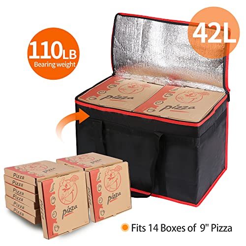 Bodaon Insulated Food Delivery Bag, XX-Large Reusable Grocery Shopping Bags, Picnic Cooler Bag Zipper/Zippered Top Cold, Black with Red Edge, 1-Pack | Reusable Grocery Shopping Bags, Picnic Cooler Bag, Zipper/Zippered Top Cold, Commercial Catering Pizza C