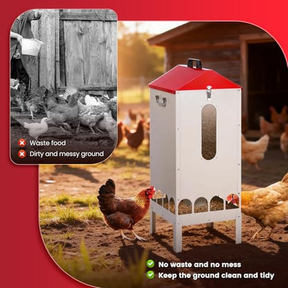 70-85lbs Automatic Chicken Feeder No Waste Gravity Poultry Feeder | Large Capacity Galvanized Chicken Food Dispenser with 16 Ports and Visible Feed-Level, for Duck, Goose,Turkey, Tapered Lid