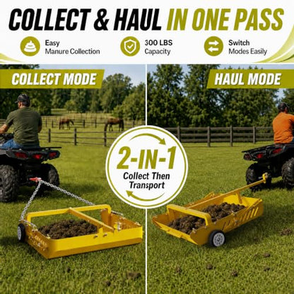 GRIND MODE 2-in-1 Horse Paddock Cleaner & Tow-Behind Trailer - color: Yellow, size: Upgraded Steel Chain