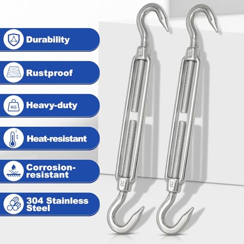 TooTaci 10PCS M10 Turnbuckle, 304 Stainless Steel Turnbuckle Hook and Hook | Turnbuckle Wire Tensioner, 660 lb Heavy Duty Adjustable Turnbuckles for Cables Wire, Cable Tightener, Trampoline, Tent, Tarps - size: M10 CC-10Pcs