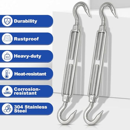 TooTaci 10PCS M10 Turnbuckle, 304 Stainless Steel Turnbuckle Hook and Hook | Turnbuckle Wire Tensioner, 660 lb Heavy Duty Adjustable Turnbuckles for Cables Wire, Cable Tightener, Trampoline, Tent, Tarps - size: M10 CC-10Pcs