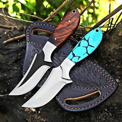 Custom Handmade 7'' fixed blade hoof rasp knife Cow boy knife Turquoise Handle Damascus steel Bull cutter, cowboy knives with pancake leather sheath (BLUE RESIN) - color: BLUE RESIN