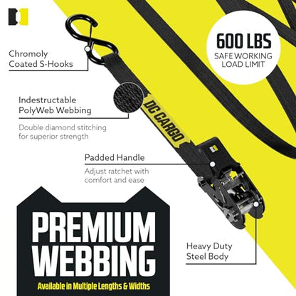DC Cargo Mall Ratchet Straps Tie Downs 4 Pack (1,800 LB Break Strength) 1" x 15 Feet Tie Down Straps with Safety Lock S Hooks for Cargo, Trucks, Appliances, Moving. - size: 1" x 15'