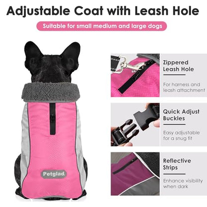Petglad Dog Coat, Waterproof Ripstop Dog Winter Jacket with Leash Hole, Reflective Adjustable Warm Pet Fleece Snow Sweater for Small Medium Large Dogs - Pink, 3XL - color: Pink, size: 3XL