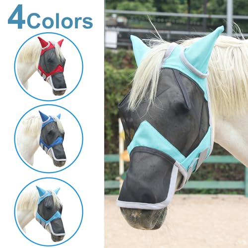 Horse Fly Mask with Ears & Long Nose, Fine Mesh Turquoise Pony - color: Turquoise, size: Pony