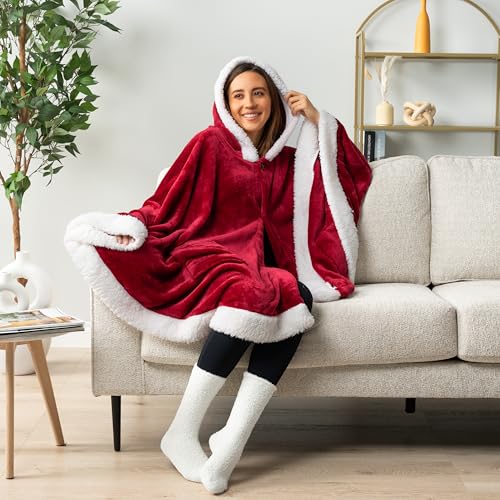 PAVILIA Hooded Blanket Poncho for Women, Fleece Wearable Shawl Wrap, Red | Fleece Shawl Wrap with Hood, Adult Wearable Blanket, Cozy Warm Poncho Cape Throw with Pockets, Gift for Elderly Mom - color: Wine