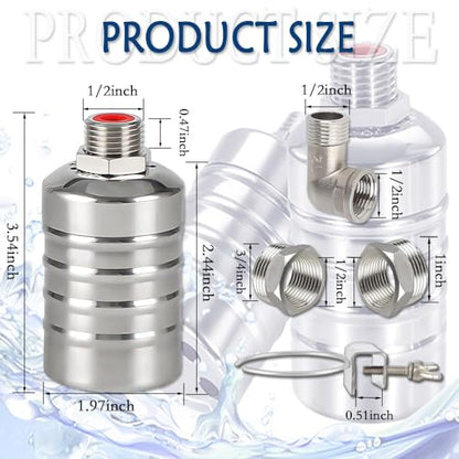 Float Valve,1/2" to 3/4" 1'' Water Level Control Float Valve, 304 Stainless Steel Fully Automatic Water Shut Off Valve, Automatic Water Level Controller for Water Tank, Pool, Livestock Troughs.