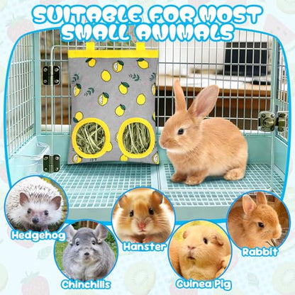 3 Pack Rabbits Hay Feeder Bag, 2 Holes Hanging Bunny Hay Feeder Guinea Pig Feeding Bag Storage Dispenser for Bunny Rabbits Chinchillas Hamsters Small Pets and Animals - color: Blue Green Yellow