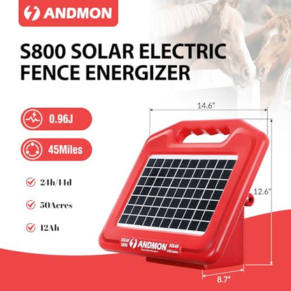 Andmon 50 Miles Solar Electric Fence Charger, 0.95 Joule High-Power Solar Fence Charger for Livestock, Horses, and Wildlife Control, Solar Electric Fence with Easy Installation - size: S800