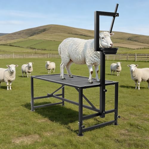 47 in Goat Milking Stand, 600 LBs Stand for Goat Milk and Sheep Trimming, Metal Goat Stand with Headpiece and Feeding Bin for Grooming, Shearing,and Milking (Black) - color: Black