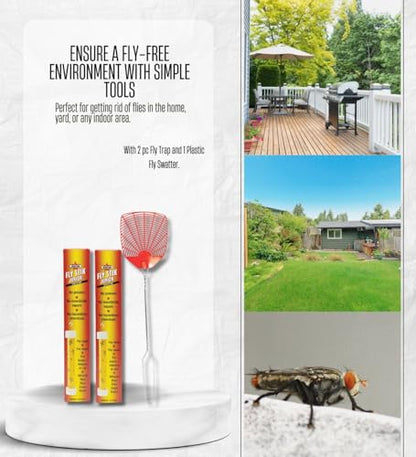 2X Starbar Sticky Fly Trap Indoor and Outdoor Bundle with Assorted Fly Swatter – Attracts and Captures Flying Insects for Pest Control – Gift Set (3 Items)