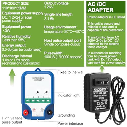 MorningRo Electric Fence Kit, 8 Mile 12kV 2J Electric Fence Charger AC/DC Powered with 50 Insulators, Socket Tool, 250ft Aluminum Wire for Livestock Control(Classic Ver.,Blue) - style: Classic Ver