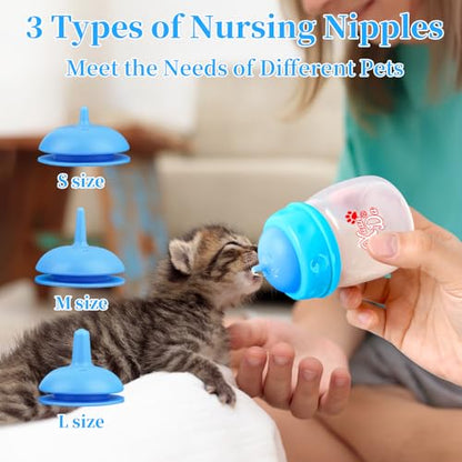 Pet Feeding Bottle,3 Pack 60ml Nursing Bottle, 3 Sizes Nipples with Ventilation Valve Resistant Tearing Perfect for Puppies, Kittens, Small Wildlife（Blue） - color: blue
