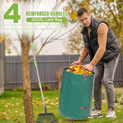 65 Inch 25 Tines Metal Leaf Rake Set with 32 Gal Bags Scoops, 18in Wide | Heavy duty lawn rake, Garden leaf collector, Yard clean up tool, Metal tines rake, Camping gear, Shrub rake, Weed remover - style: Green