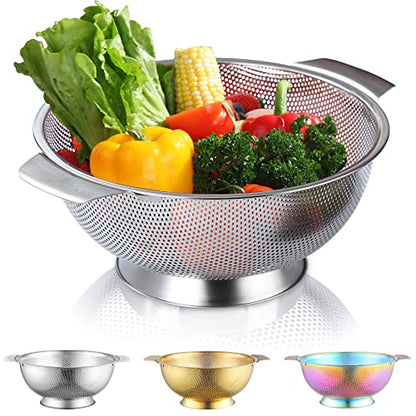 Kyraton Stainless Steel Colander 5 Quart, Professional Strainer with Heavy Duty Handles and Self Draining Solid Ring Base for Pasta, Spaghetti, Berry, Veggies, Fruits, Noodles, Salads Dishwasher Safe